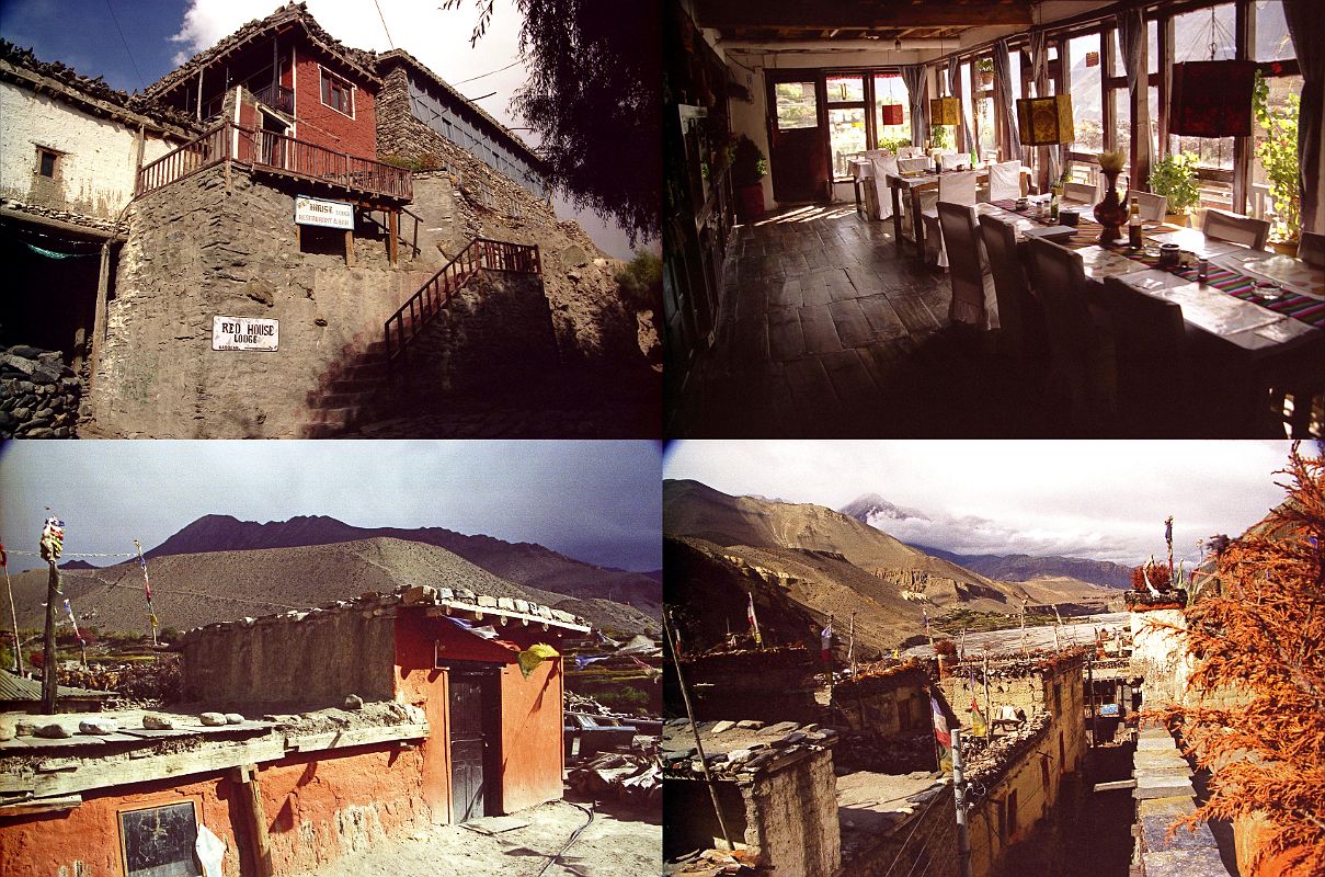 203 Kagbeni Red Lodge 2002 In 2002 I stayed at the Red Lodge in Kagbeni, with my room on the roof, and a good view of the town. I went to the dining room and had some potato soup, very tired again after my hike. The dining room is all Buddhist with paintings, thangkas, photos of famous lamas, postcards of various monasteries, and of course Coke and Bounty bars.